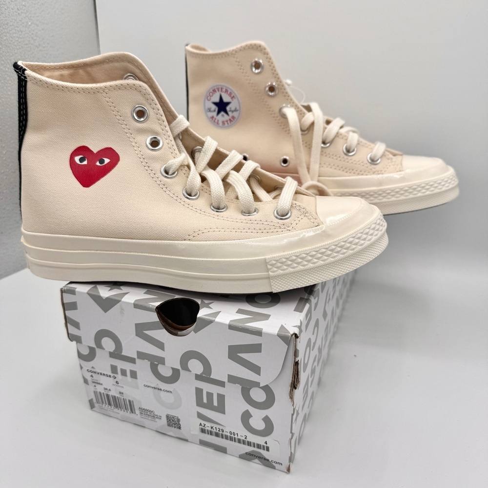 NWT Commes Des Garçons CDG Play Converse High Top Chuck 70 Heart Sneakers Cream - Picture 14 of 16